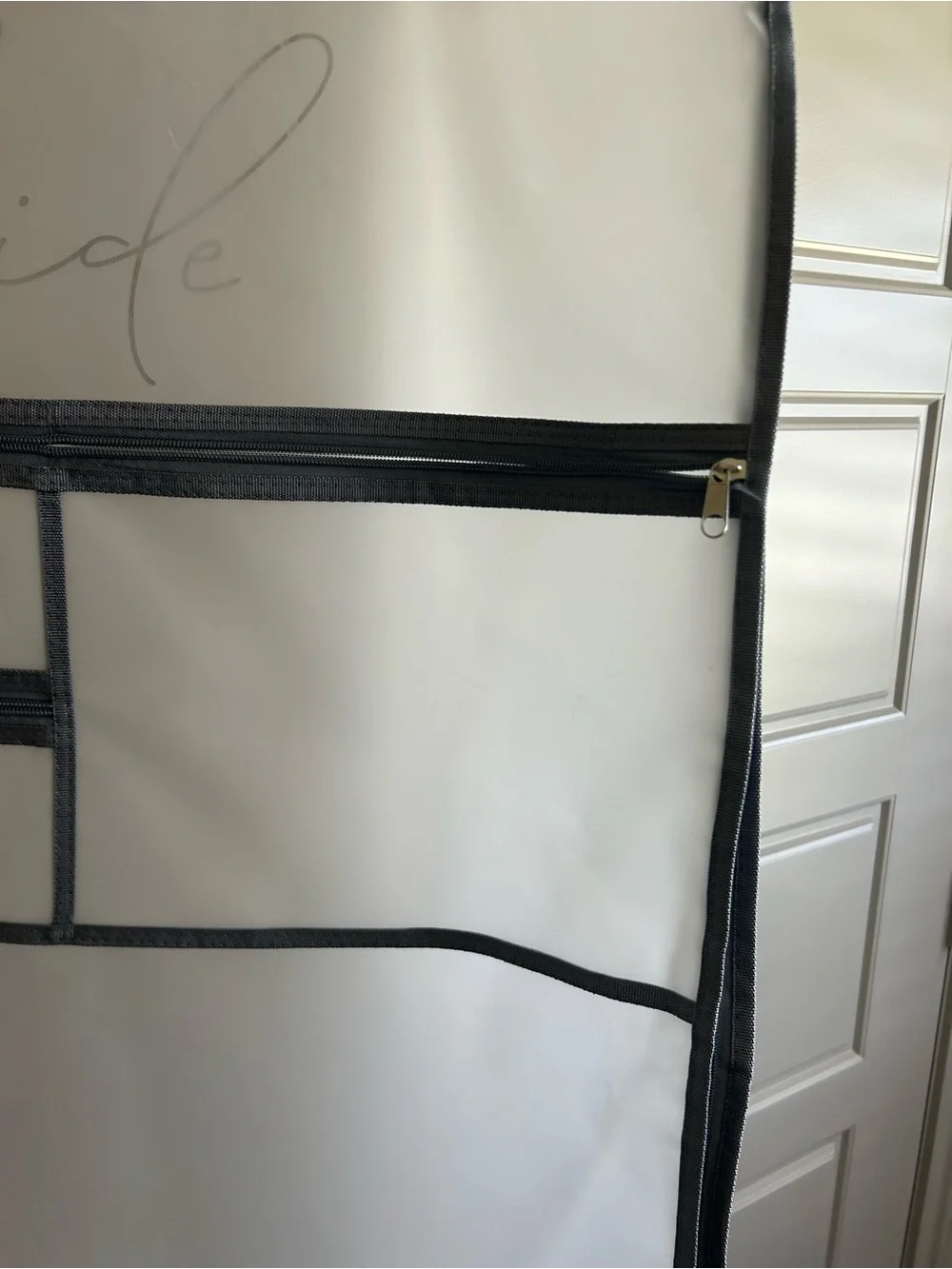 David's Bridal White Garment Bag with Gray Trim and 'Bride' Script